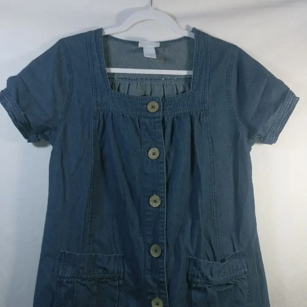 Vicki Blue Vintage Short Sleeve Jean Dress Dark Wash Denim Button Down Size PM